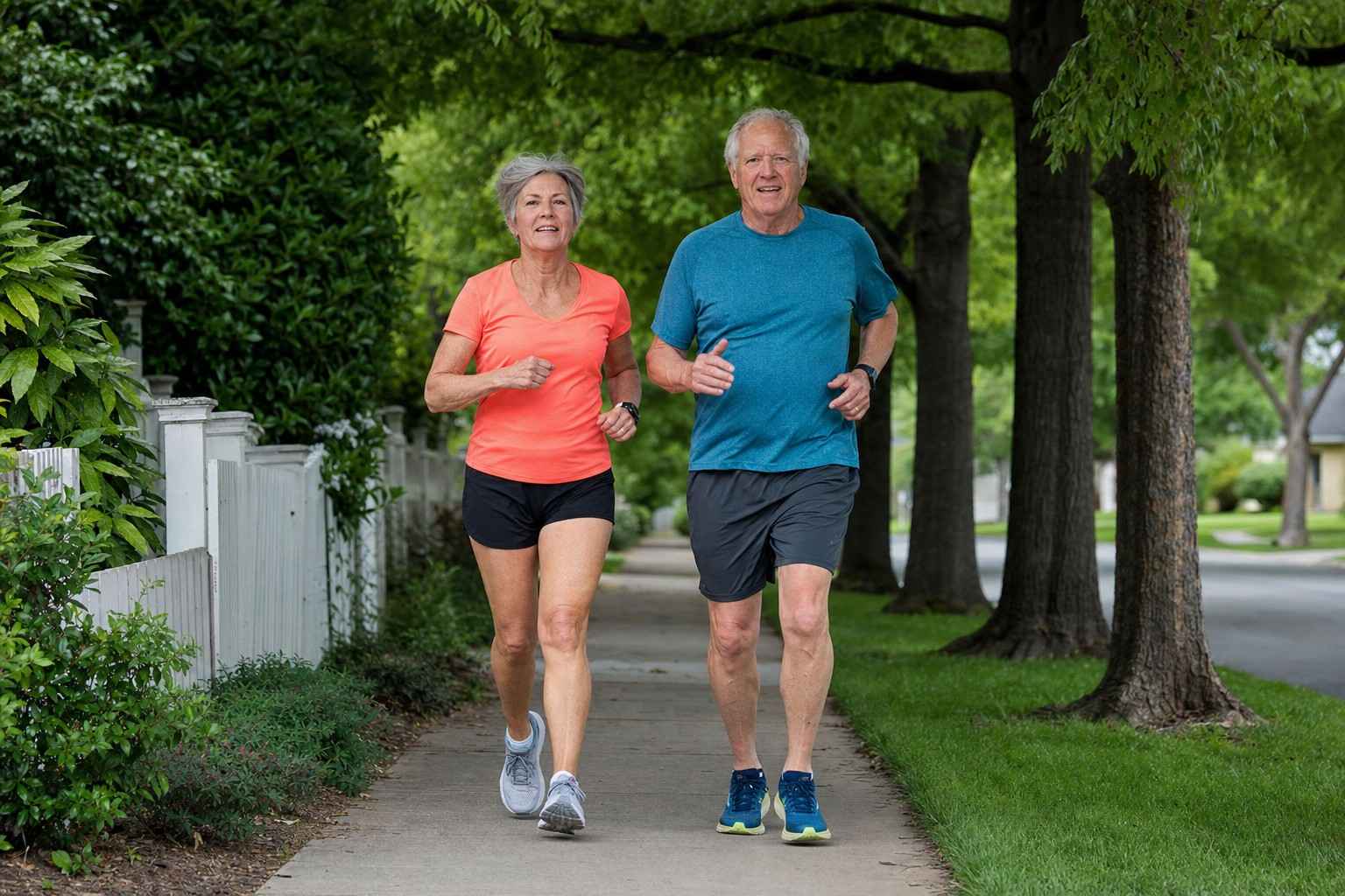 Two runners in their sixties running together on a sidewalk