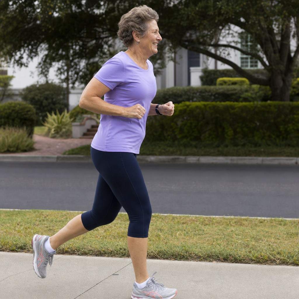An older woman running relaxed on a sidewalk
