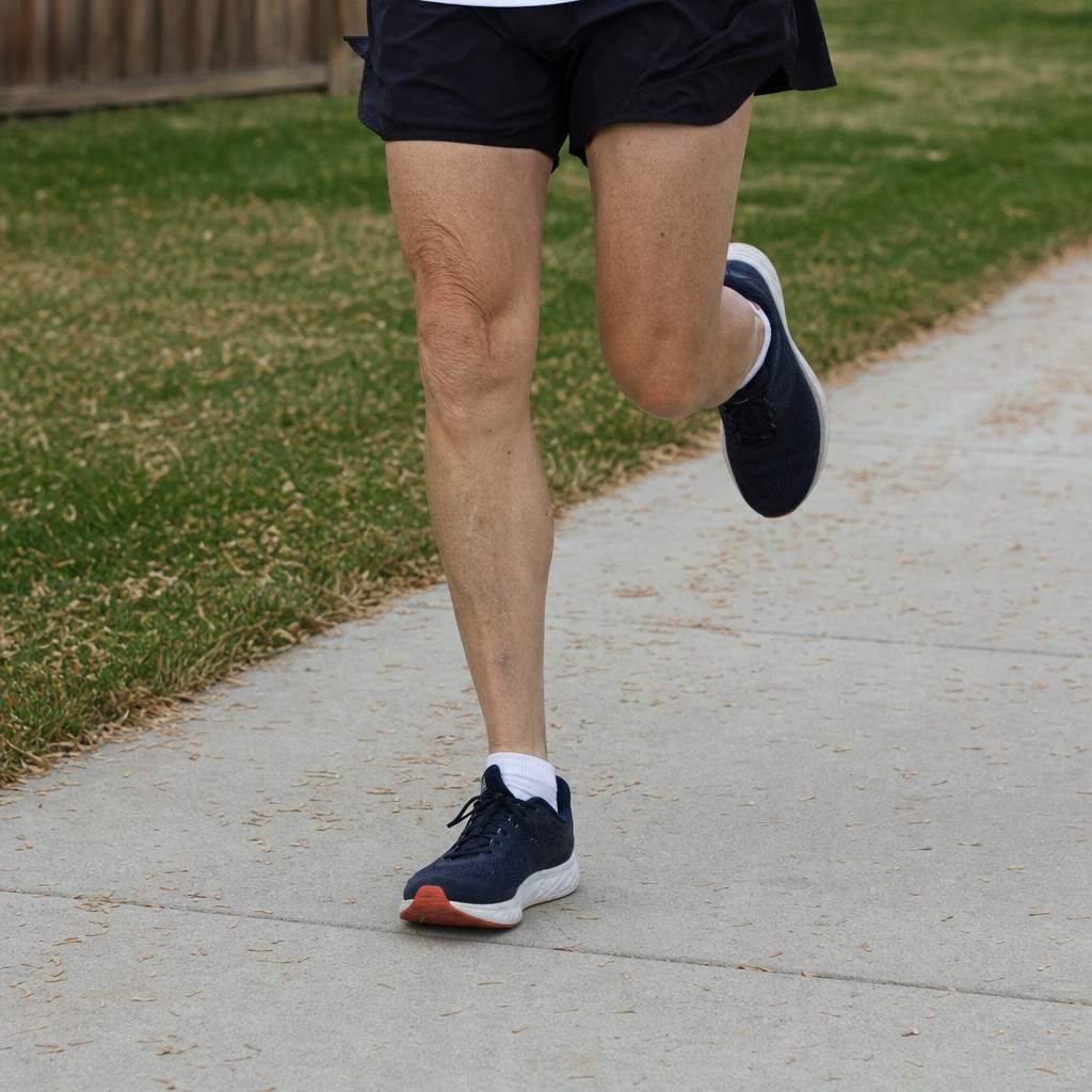 Close view of an older runner's legs mid-stride