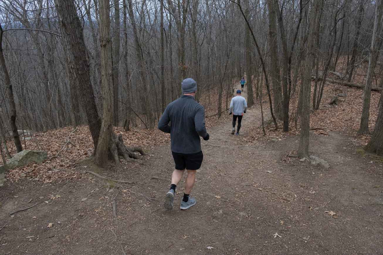 A runner descending a wooded trail seen from behind