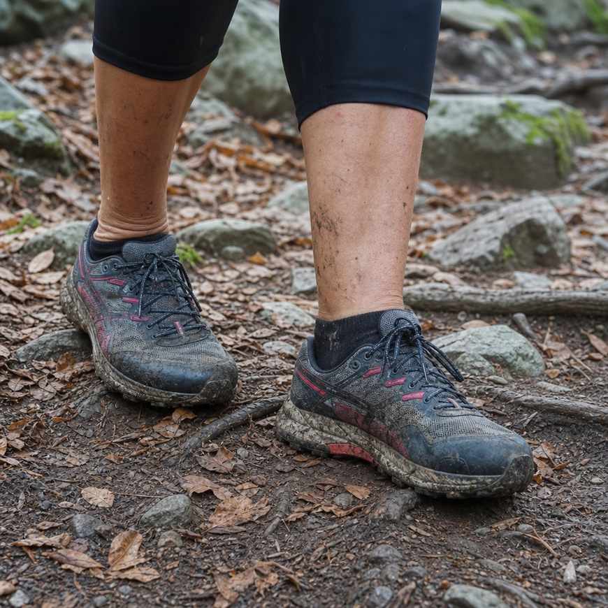 Trail running shoes on rocky muddy ground