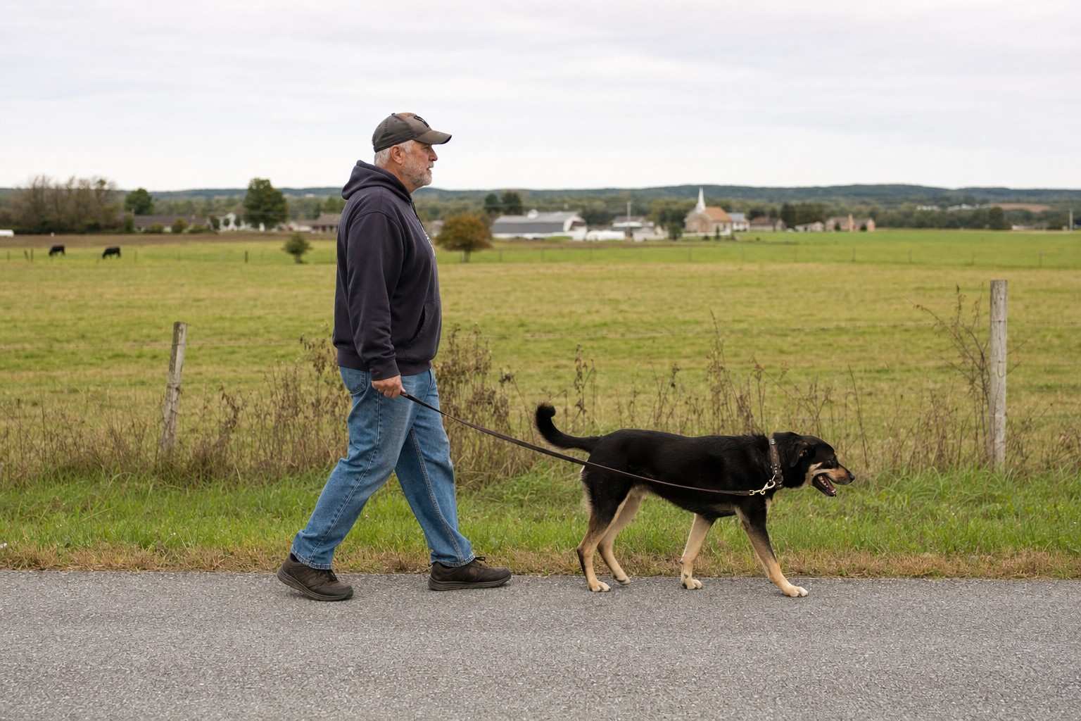 An older man walking his dog on a countryside lane