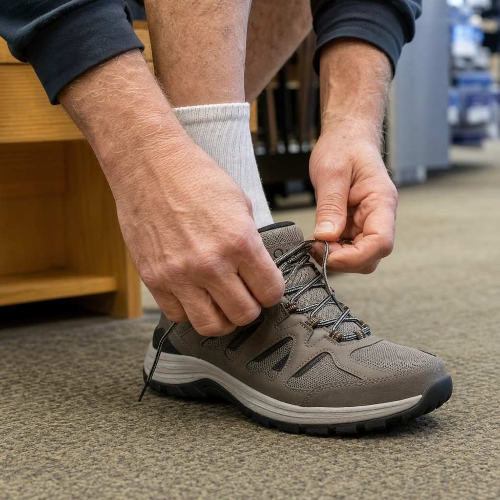 Trying on walking shoes at a running store