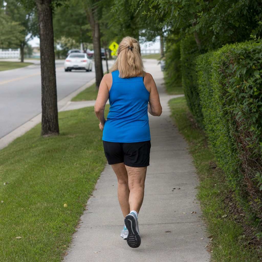 A person walking briskly on a sidewalk