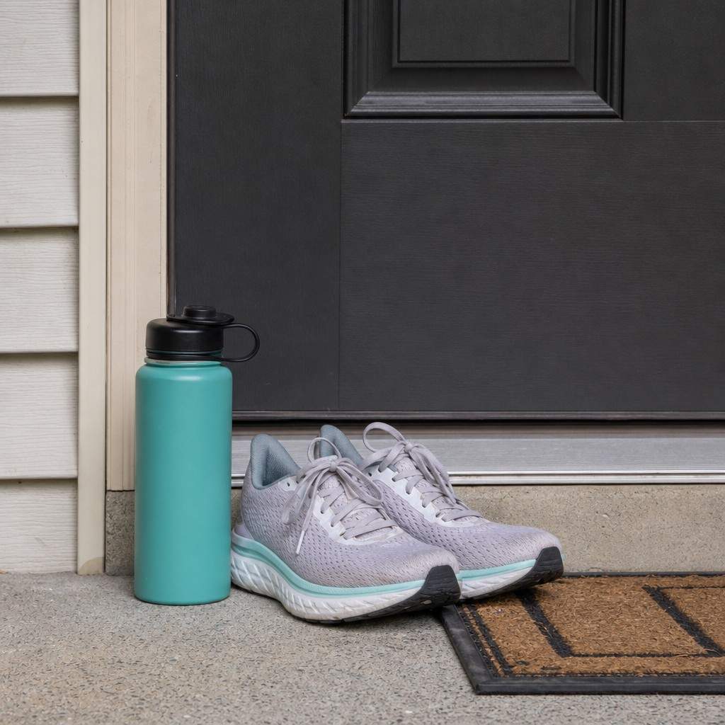 Running shoes and a water bottle by a front door