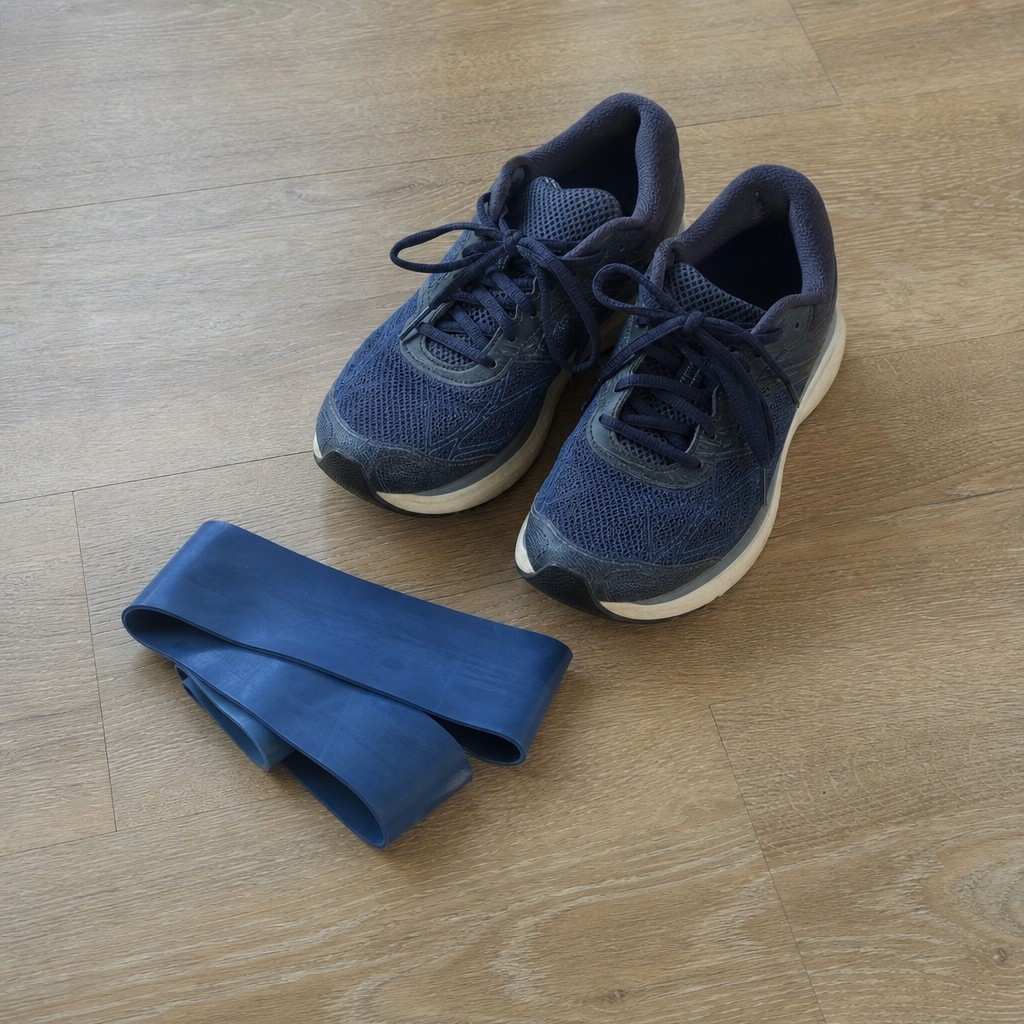 A resistance band and running shoes on a floor